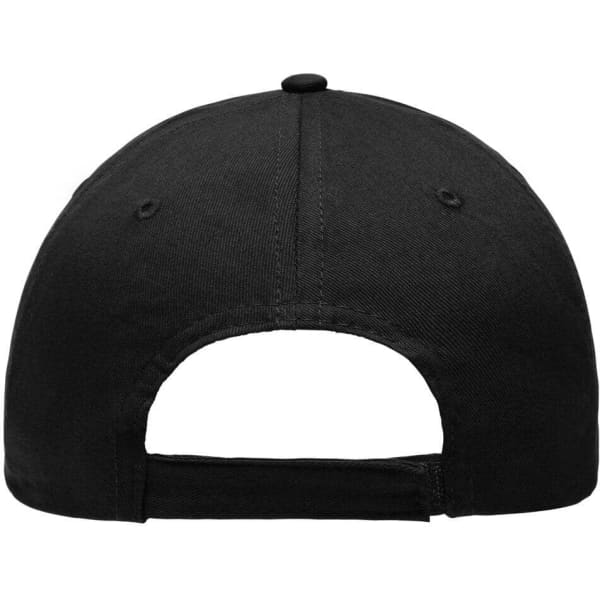 A black 6 panel cap with a snapback closure and a rounded top. The cap has a logo on the back.