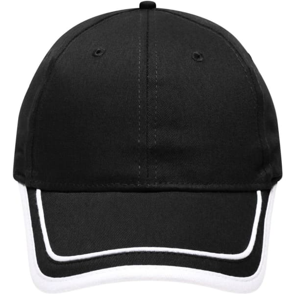 A black six-panel cap with white piping and a logo on the front.