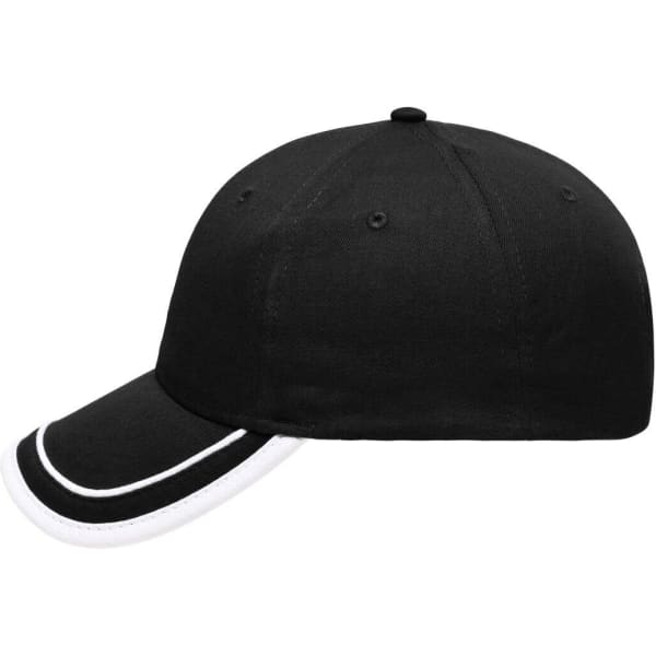 A black 6 panel piping cap with white detailing along the brim and a logo on the front.