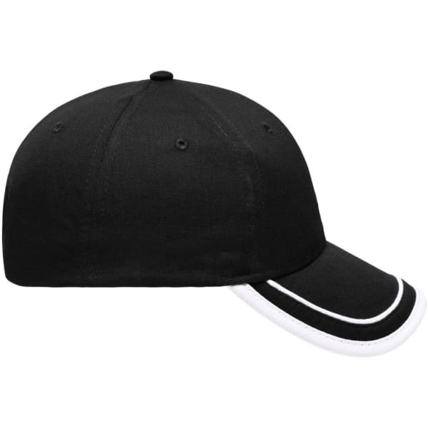 A black 6 Panel Piping Cap with white piping detail, featuring a structured design and a branding logo.