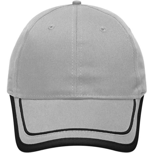 A grey six-panel cap with black piping details and a curved brim, featuring a logo on the front.
