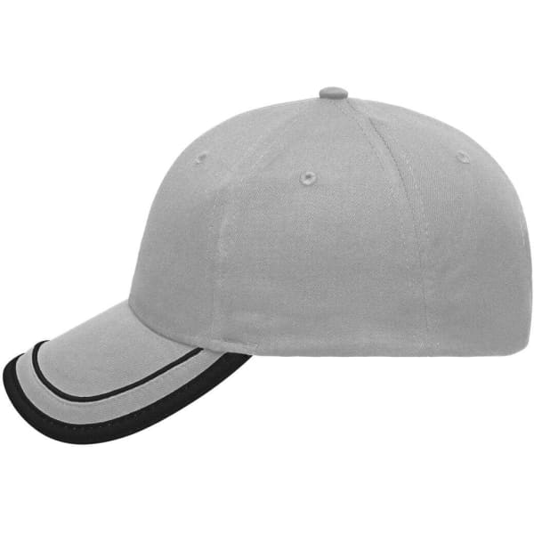 A grey 6 panel cap with a black piped detailing and a curved visor. The cap features ventilation holes and a logo.