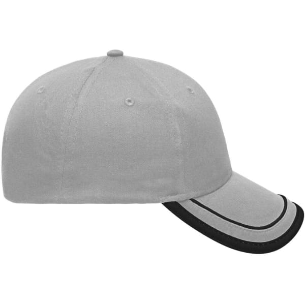 A grey 6 panel cap with black piping along the brim and a branding logo on the front.