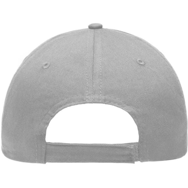 A grey 6 panel cap with a curved brim and an adjustable strap at the back. Features a logo on the side.