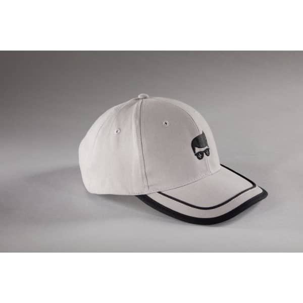 A grey and black six-panel cap featuring a logo on the front. The cap has a curved brim and piping details.