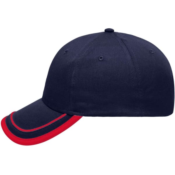 A navy blue cap with a red piping accent, featuring a rounded crown and a curved brim. It has a logo on the front.