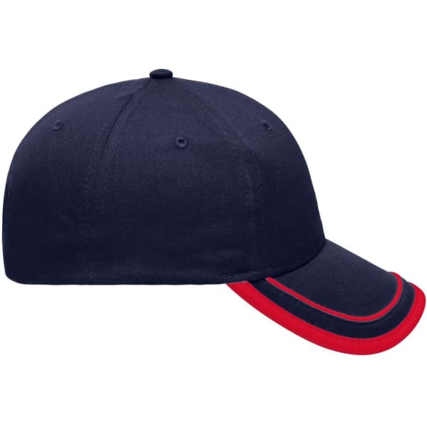A navy cap with a red piping detail, featuring a curved brim and a logo on the front.