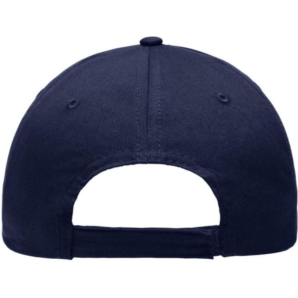 A navy blue 6 Panel Piping Cap with an adjustable back and a logo.