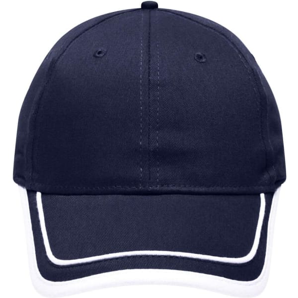 A navy blue 6 panel cap with white piping details and a logo on the front.