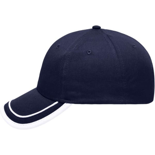 A navy 6 panel cap with a white piping detail and a curved brim. It features a logo on the front.