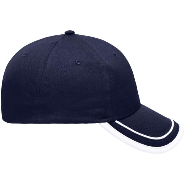 A navy blue 6 panel cap with white piping details and a curved brim. It features a logo on the side.