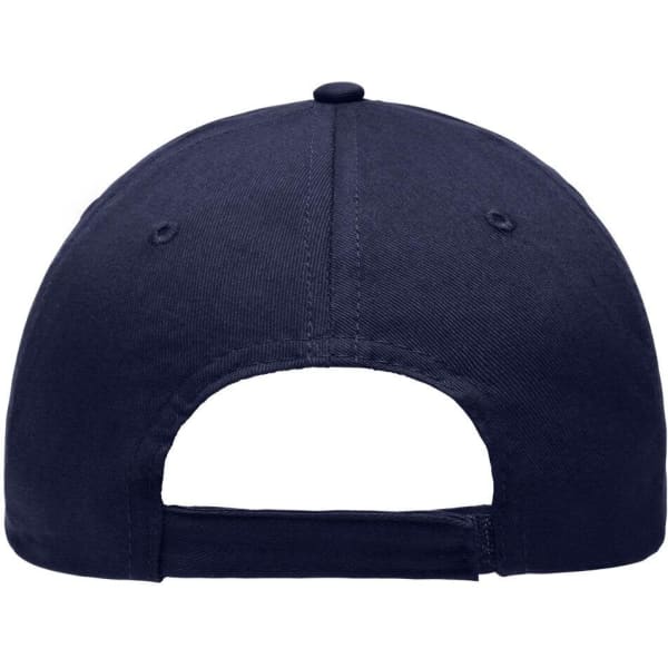 A navy blue 6 panel piping cap, featuring a structured design and an adjustable strap at the back.