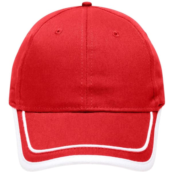 A red six-panel cap with white piping and a logo.