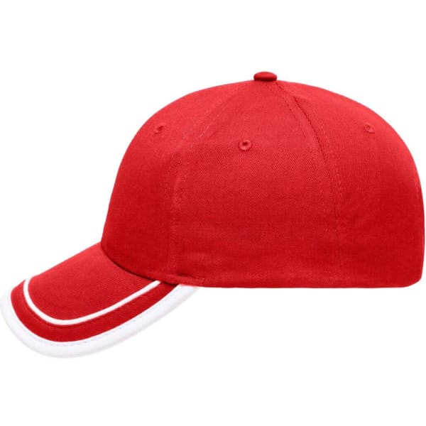 A red 6 panel piping cap featuring white piping details and a branding logo.