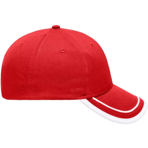 A red 6 panel piping cap featuring white accents and a logo.