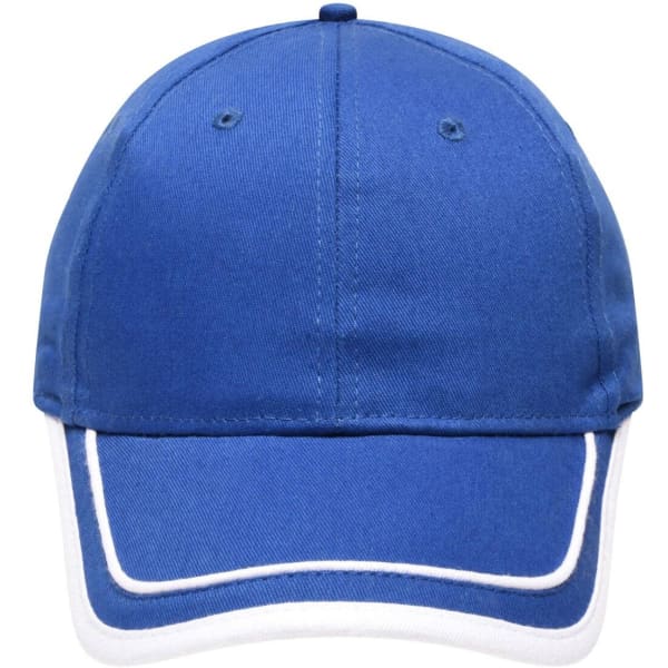 A blue 6-panel cap featuring white piping and a logo on the front.