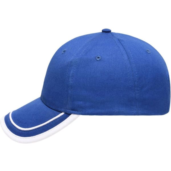 A blue 6 panel piping cap with a white accent along the brim and a logo embedded.
