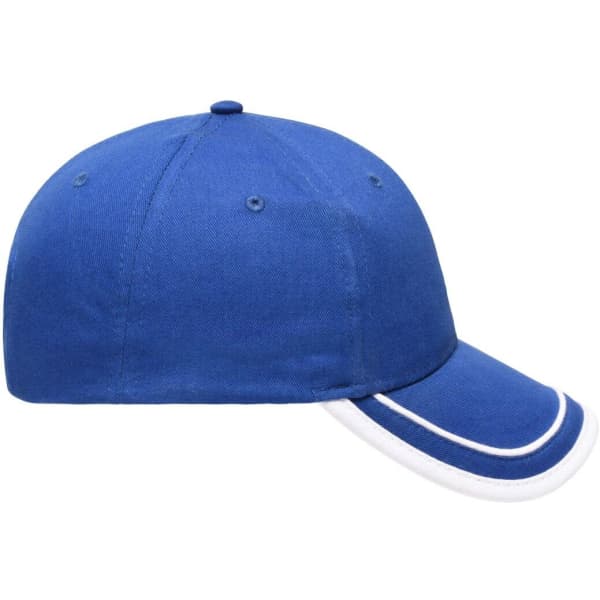 A blue 6 panel cap with white piping details and a rounded peak, featuring a logo on the front.