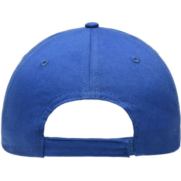 A blue 6 Panel Piping Cap featuring a rear adjustable strap and a logo on the side.