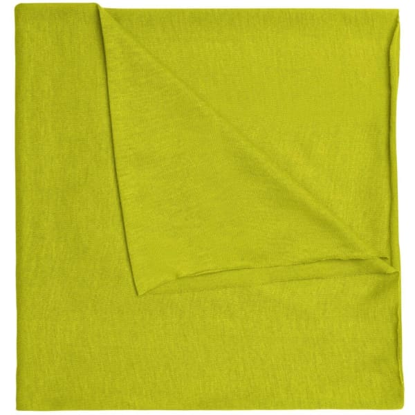 A bright lime green bandanna made from polyester. It features a folded corner and has a logo.