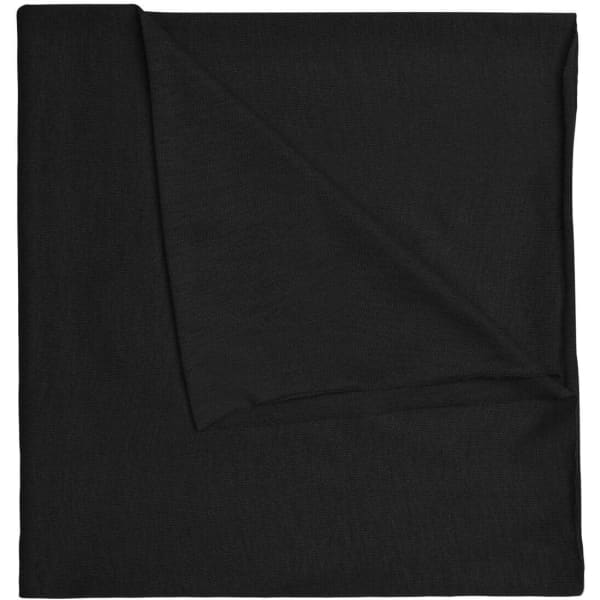 A black polyester bandanna with a textured surface, featuring a logo in one corner.