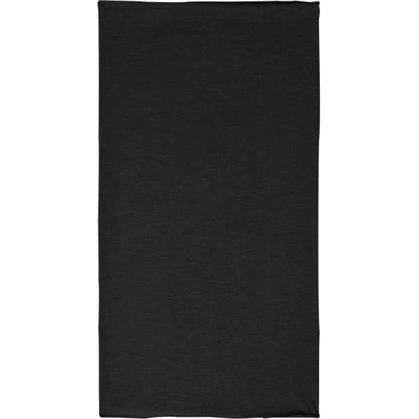 A black polyester bandanna with a logo, suitable for headwear.