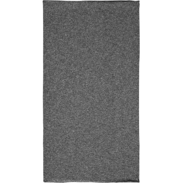 A grey bandanna made from polyester, featuring a logo on its surface. Suitable for headwear use.