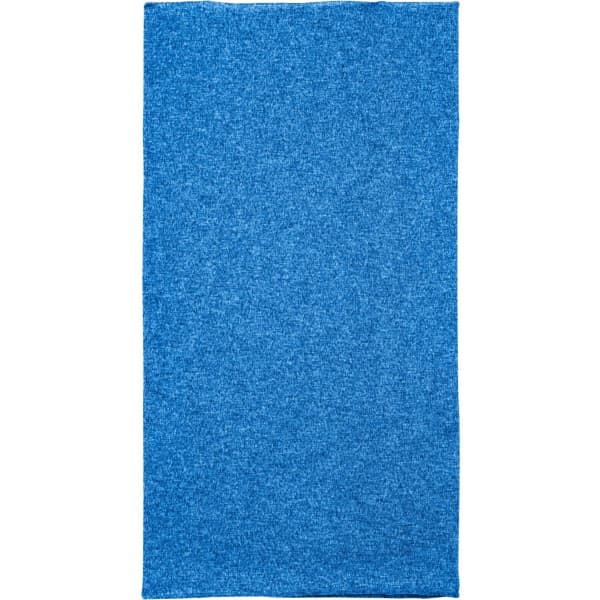 A blue polyester bandanna featuring a textured finish and a logo. Suitable for headwear.