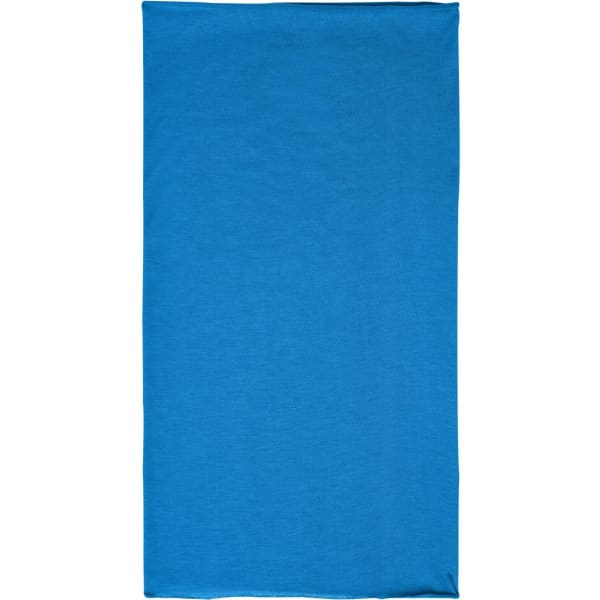 A blue bandanna made from polyester, featuring a simple design and a logo.