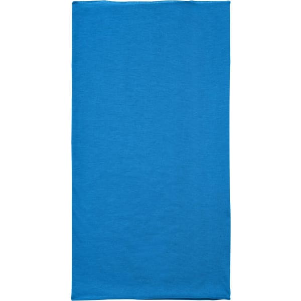 A blue polyester bandanna with a simple, solid design and a logo at one corner.
