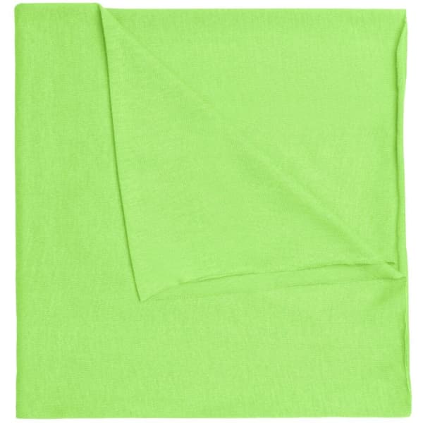 A bright green bandanna made from polyester, featuring a soft, textured fabric. It has a logo on it.