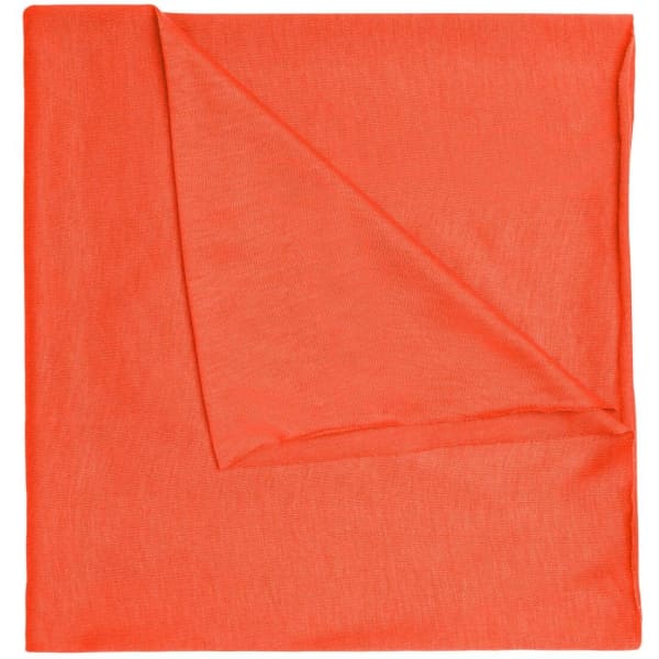 An orange Economic X-Tube Polyester bandanna with a folded corner, featuring a branding logo.