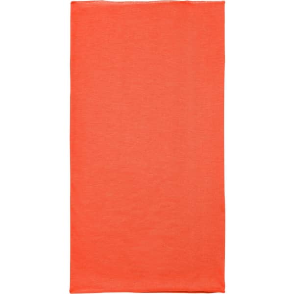 A bright orange polyester bandanna with a plain design, featuring a small logo.