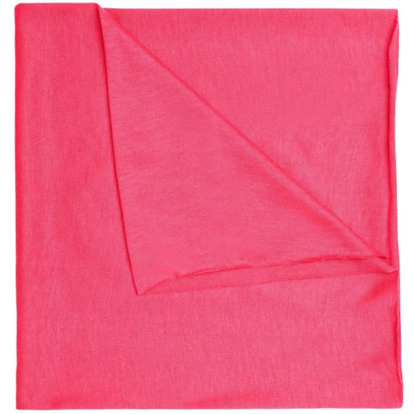 A pink polyester bandanna with a slightly folded corner, featuring a logo.