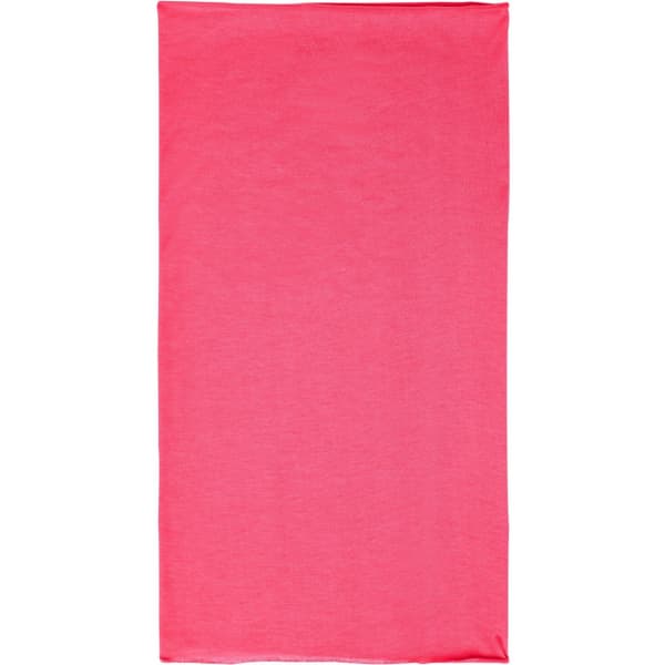 A pink bandanna made of polyester, featuring a logo. Suitable for various headwear styles.