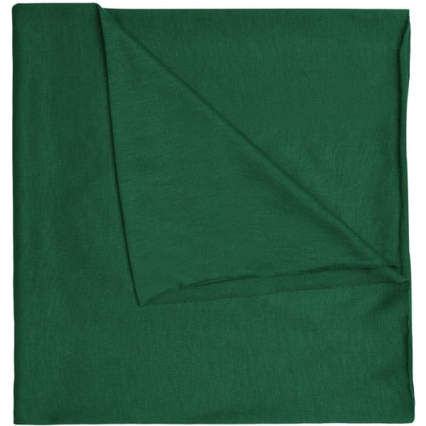 A green polyester bandanna with a soft texture, featuring a folded corner and a logo.