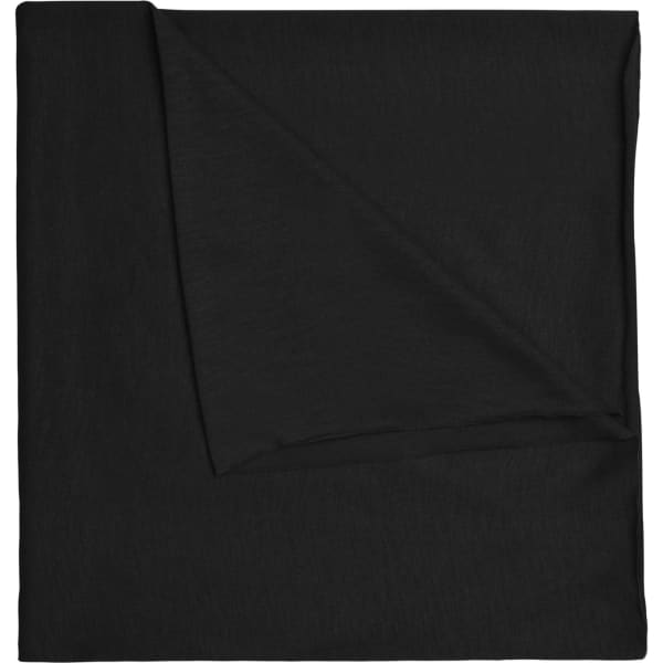 A black bandanna made of polyester, folded neatly with a logo present.