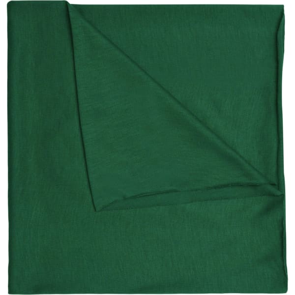 A green polyester bandanna with a folded corner, featuring a logo.
