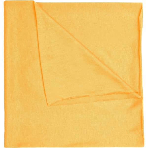 A yellow polyester bandanna with a slightly textured appearance and a folded corner. Includes a logo.