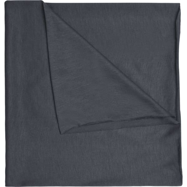 A folded dark grey bandanna made of polyester, featuring a simple design and a logo.