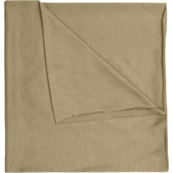 A folded bandanna made of polyester in a light tan colour, featuring a subtle texture and includes a logo.
