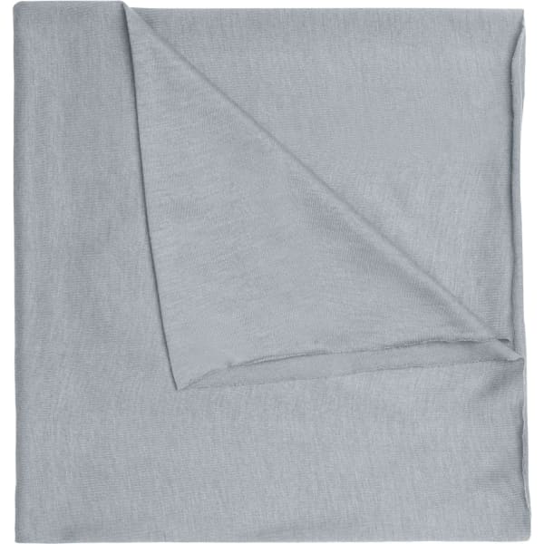 A light grey bandanna made of polyester, featuring a simple design with a folded corner and a logo.