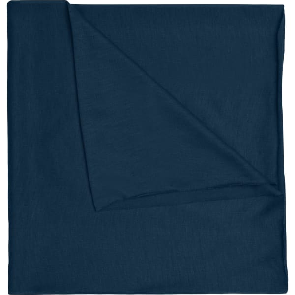 A navy blue polyester bandanna displayed flat, with a subtle texture and partial fold showing its layered design.