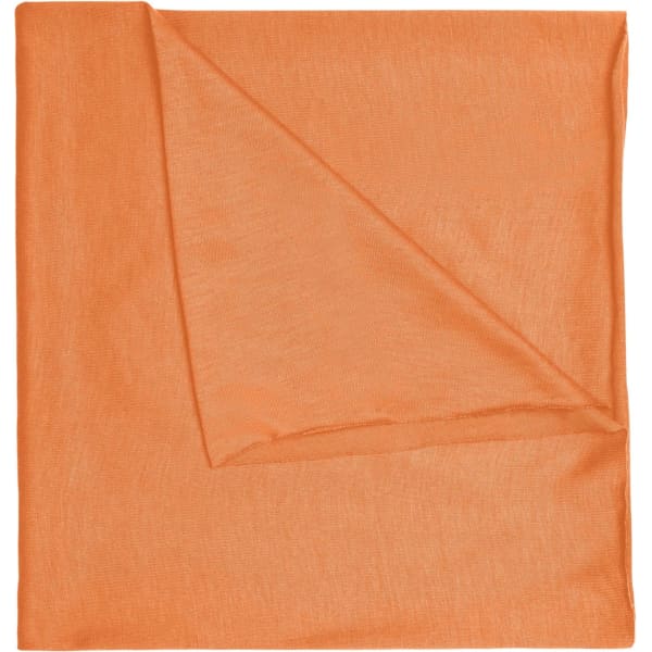 An orange polyester bandanna folded neatly, featuring a light and airy texture. It has a logo in one corner.
