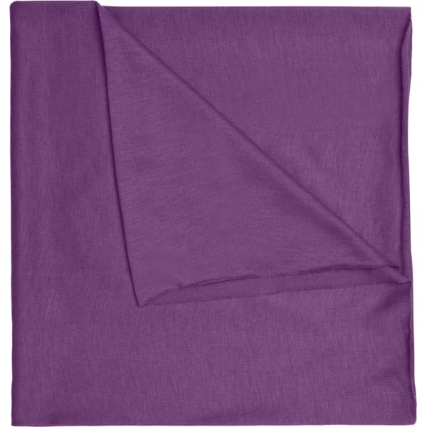 A purple bandanna made of polyester, featuring a smooth texture and a folded corner, with a logo present.