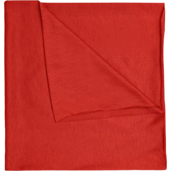 A red bandanna made of polyester, featuring a simple design and a logo.