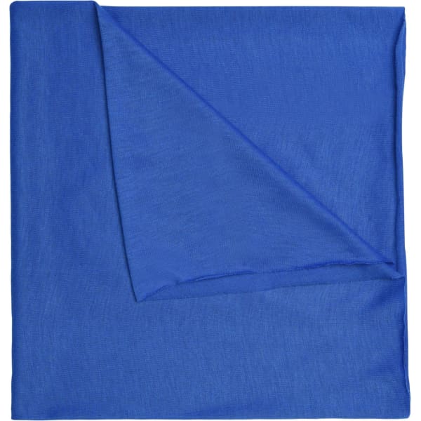 A blue Economic X-Tube Polyester bandanna with a smooth texture, folded at the corner, featuring a logo.