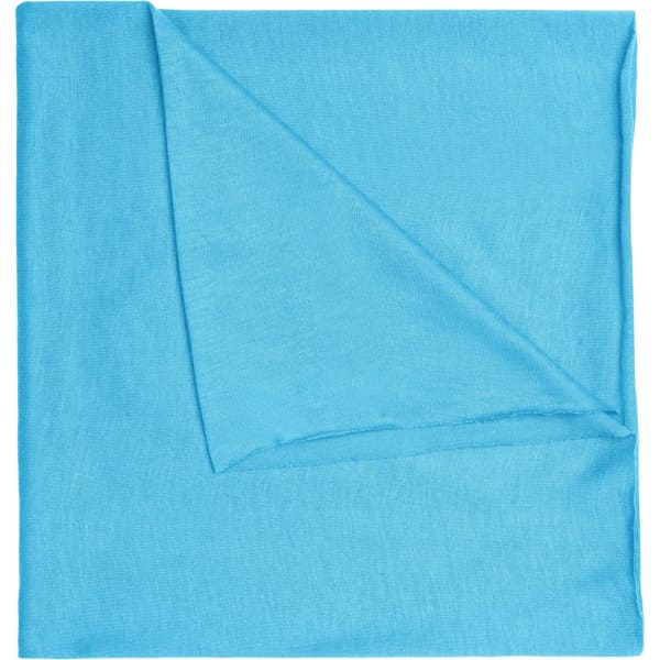 A blue polyester bandanna with a lightweight, textured fabric and a triangular fold in one corner. It features a logo.