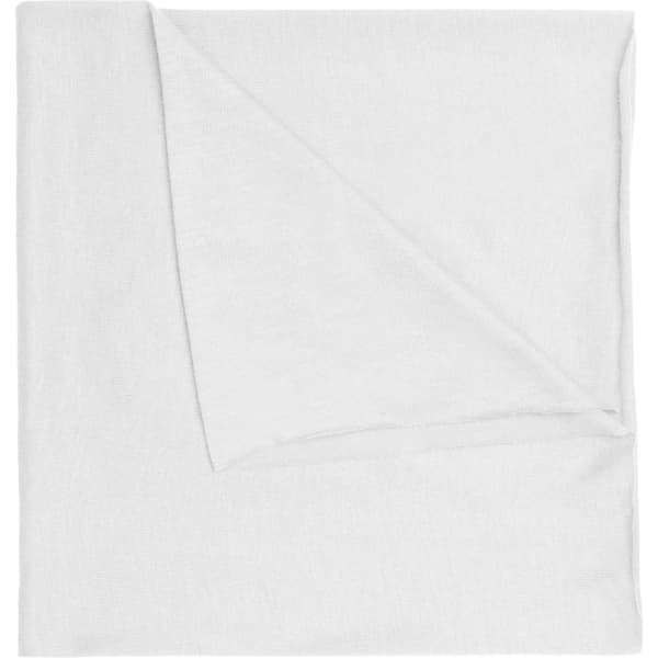 A white bandanna made of polyester, featuring a simple design with a folded corner. It has a logo.