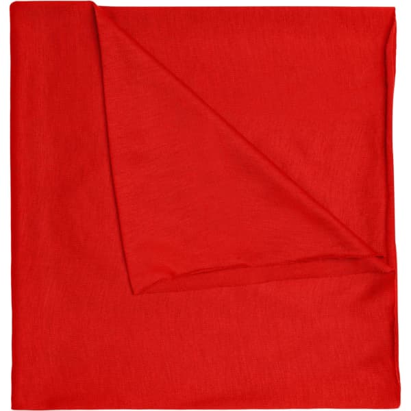 A red polyester bandanna with a soft texture, featuring a simple design and a logo.